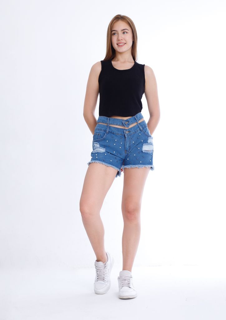 Black Ripped Medium Blue Jeans Shorts Beads With Double Waistband