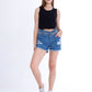 Black Ripped Medium Blue Jeans Shorts Beads With Double Waistband