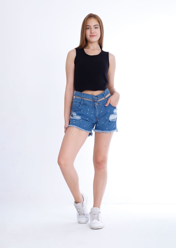 Black Ripped Medium Blue Jeans Shorts Beads With Double Waistband
