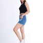 Black Ripped Medium Blue Jeans Shorts Beads With Double Waistband