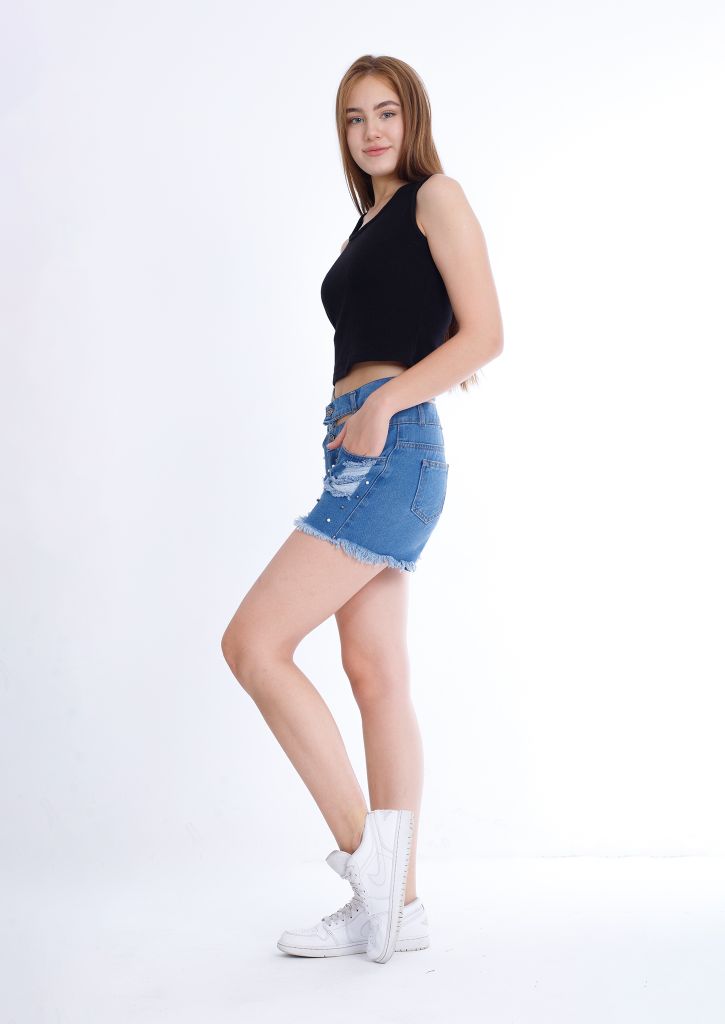 Black Ripped Medium Blue Jeans Shorts Beads With Double Waistband