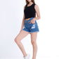 Black Ripped Medium Blue Jeans Shorts Beads With Double Waistband