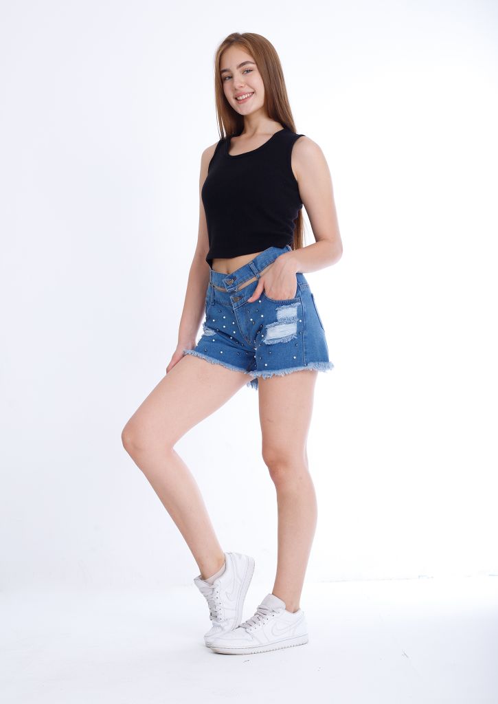 Black Ripped Medium Blue Jeans Shorts Beads With Double Waistband