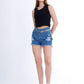 Black Ripped Medium Blue Jeans Shorts Beads With Double Waistband