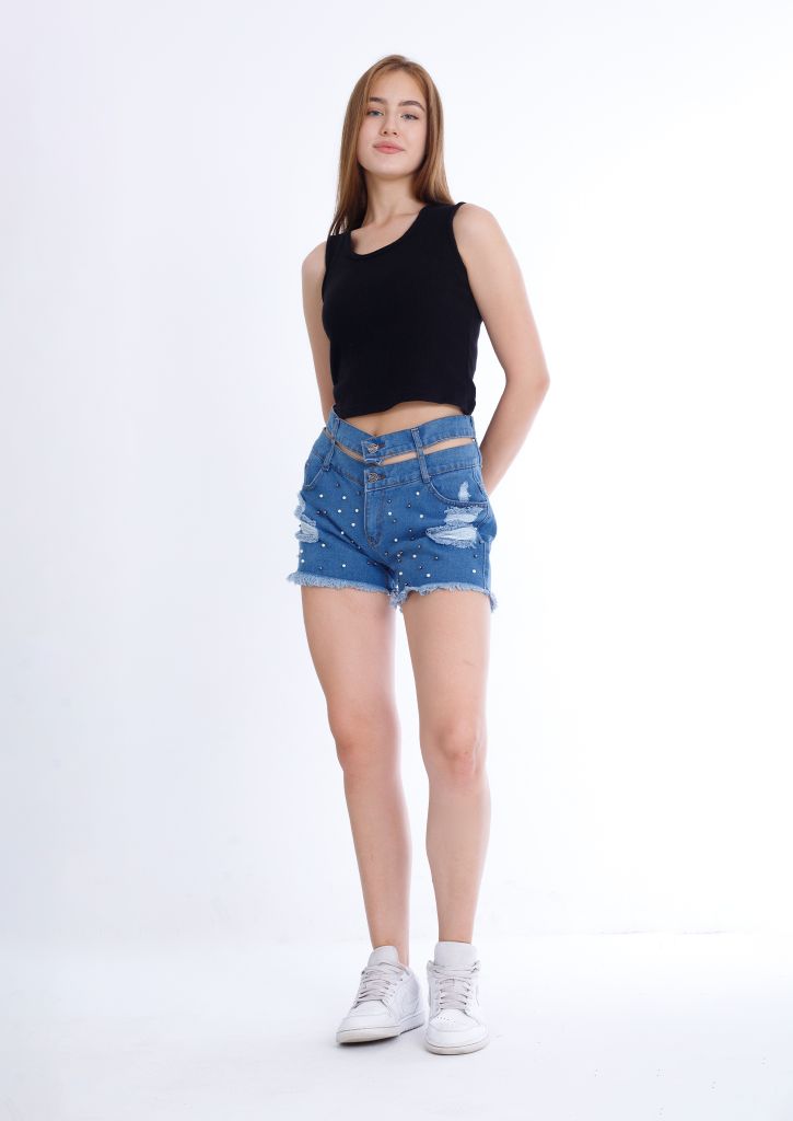 Black Ripped Medium Blue Jeans Shorts Beads With Double Waistband