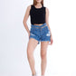 Black Ripped Medium Blue Jeans Shorts Beads With Double Waistband