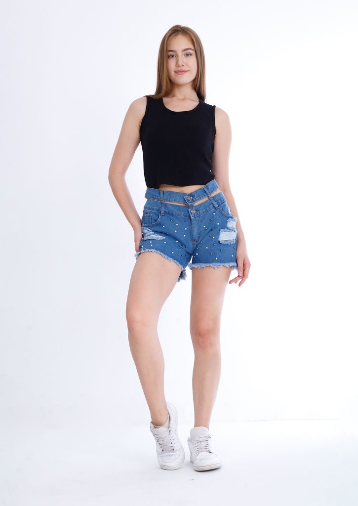 Black Ripped Medium Blue Jeans Shorts Beads With Double Waistband