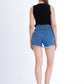 Black Ripped Medium Blue Jeans Shorts Beads With Double Waistband