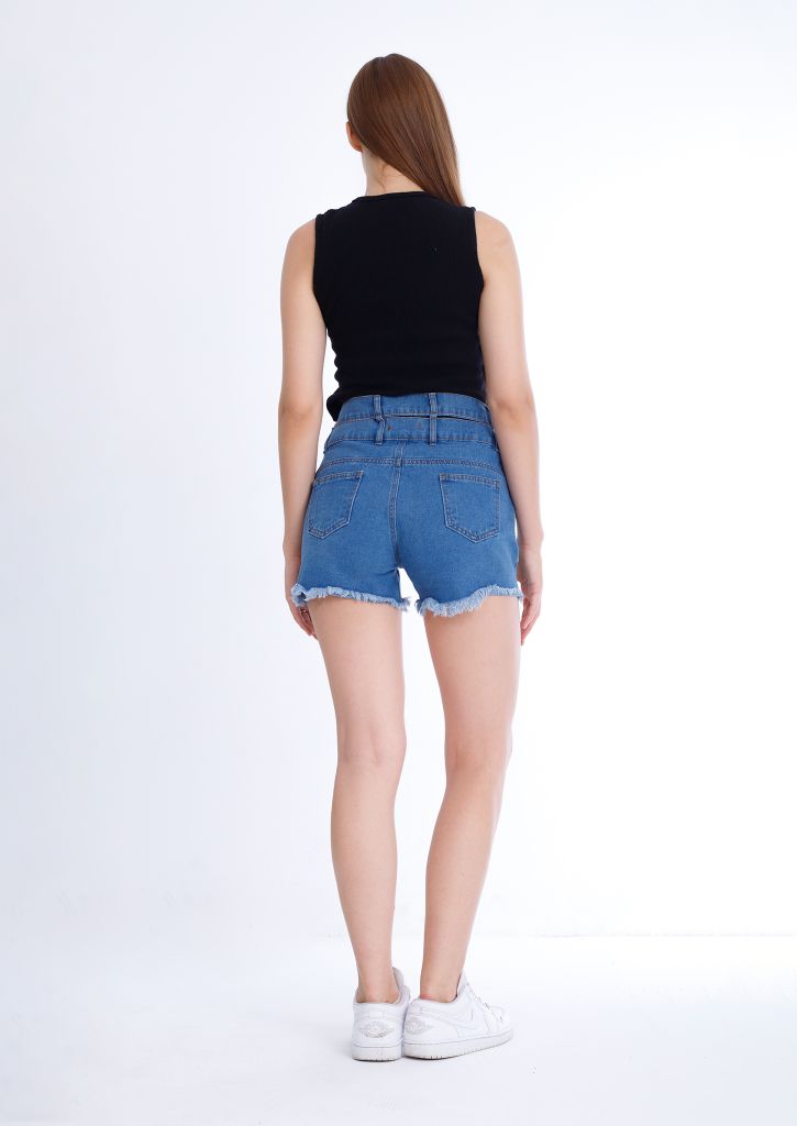 Black Ripped Medium Blue Jeans Shorts Beads With Double Waistband
