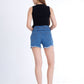 Black Ripped Medium Blue Jeans Shorts Beads With Double Waistband