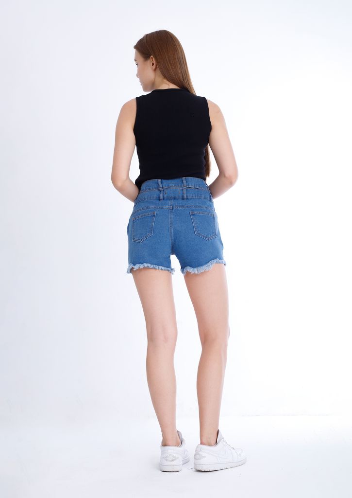 Black Ripped Medium Blue Jeans Shorts Beads With Double Waistband