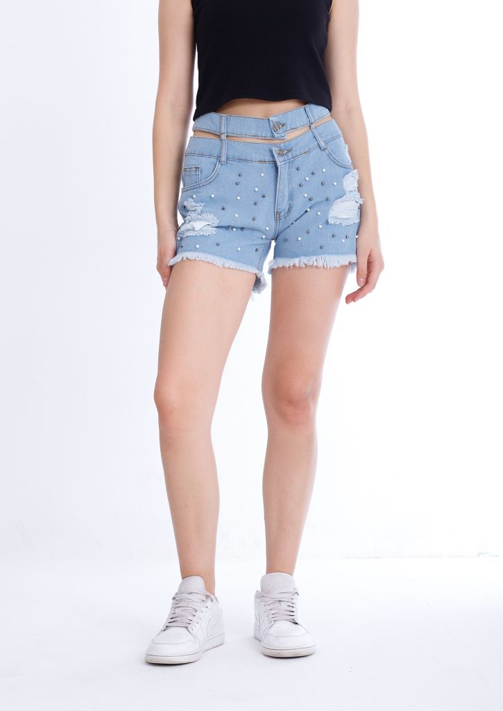 Black Ripped Light Blue Jeans Shorts Beads With Double Waistband