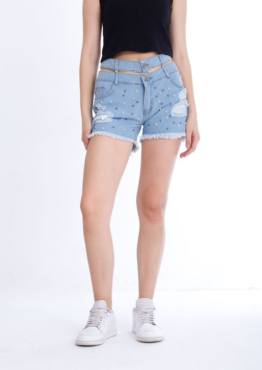 Black Ripped Light Blue Jeans Shorts Beads With Double Waistband