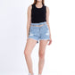 Black Ripped Light Blue Jeans Shorts Beads With Double Waistband
