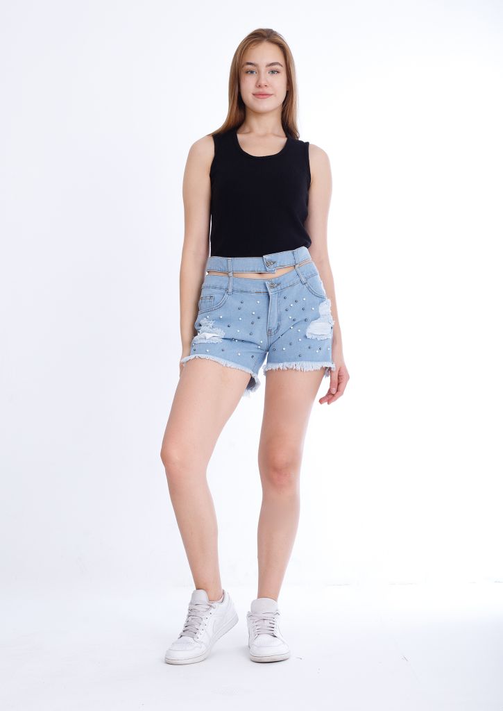 Black Ripped Light Blue Jeans Shorts Beads With Double Waistband