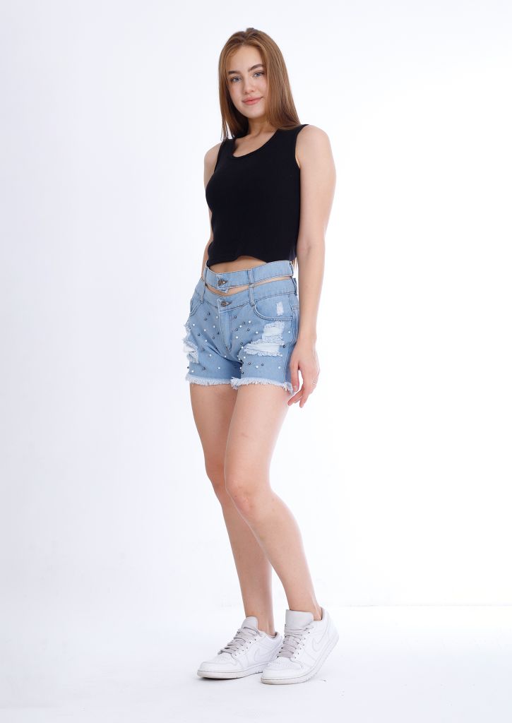 Black Ripped Light Blue Jeans Shorts Beads With Double Waistband