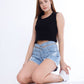 Black Ripped Light Blue Jeans Shorts Beads With Double Waistband