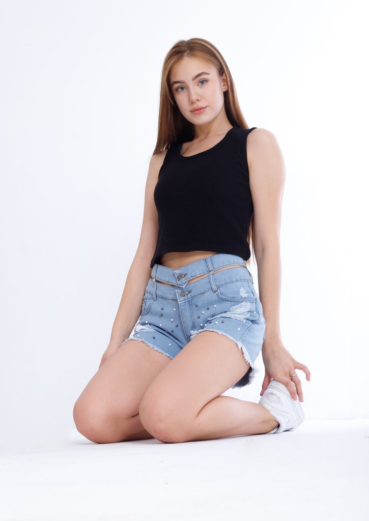 Black Ripped Light Blue Jeans Shorts Beads With Double Waistband