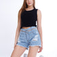 Black Ripped Light Blue Jeans Shorts Beads With Double Waistband