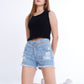 Black Ripped Light Blue Jeans Shorts Beads With Double Waistband