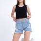 Black Ripped Light Blue Jeans Shorts Beads With Double Waistband