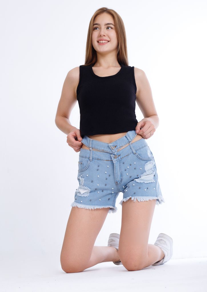 Black Ripped Light Blue Jeans Shorts Beads With Double Waistband