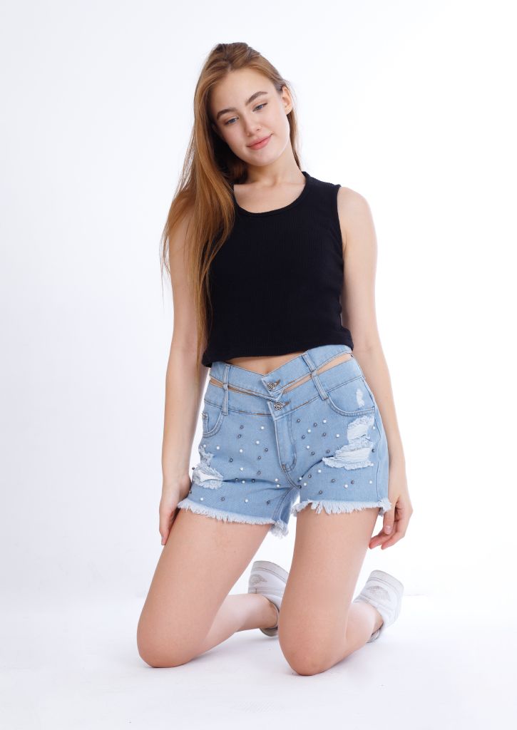 Black Ripped Light Blue Jeans Shorts Beads With Double Waistband