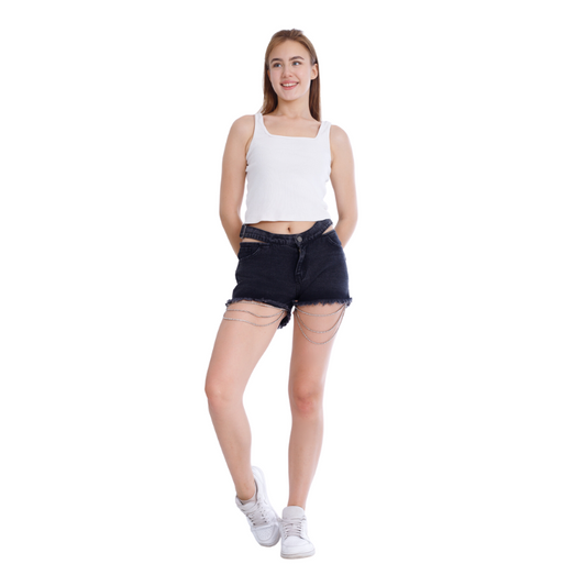 Double Waistband Gray Jeans Shorts With Strings OB-600ABL