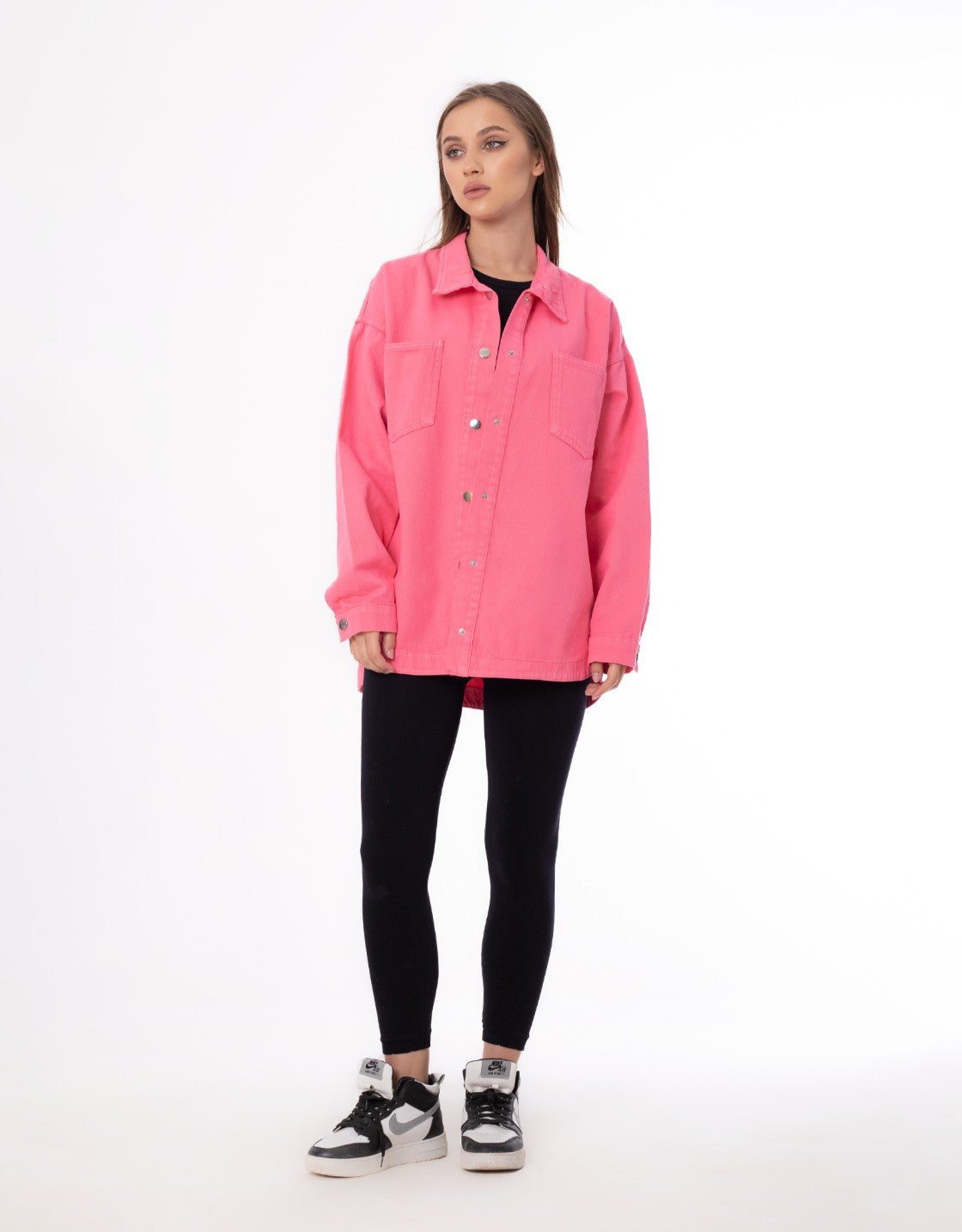 Gabardine Jacket With Pockets Front Buttons Pink Color OJ-512P