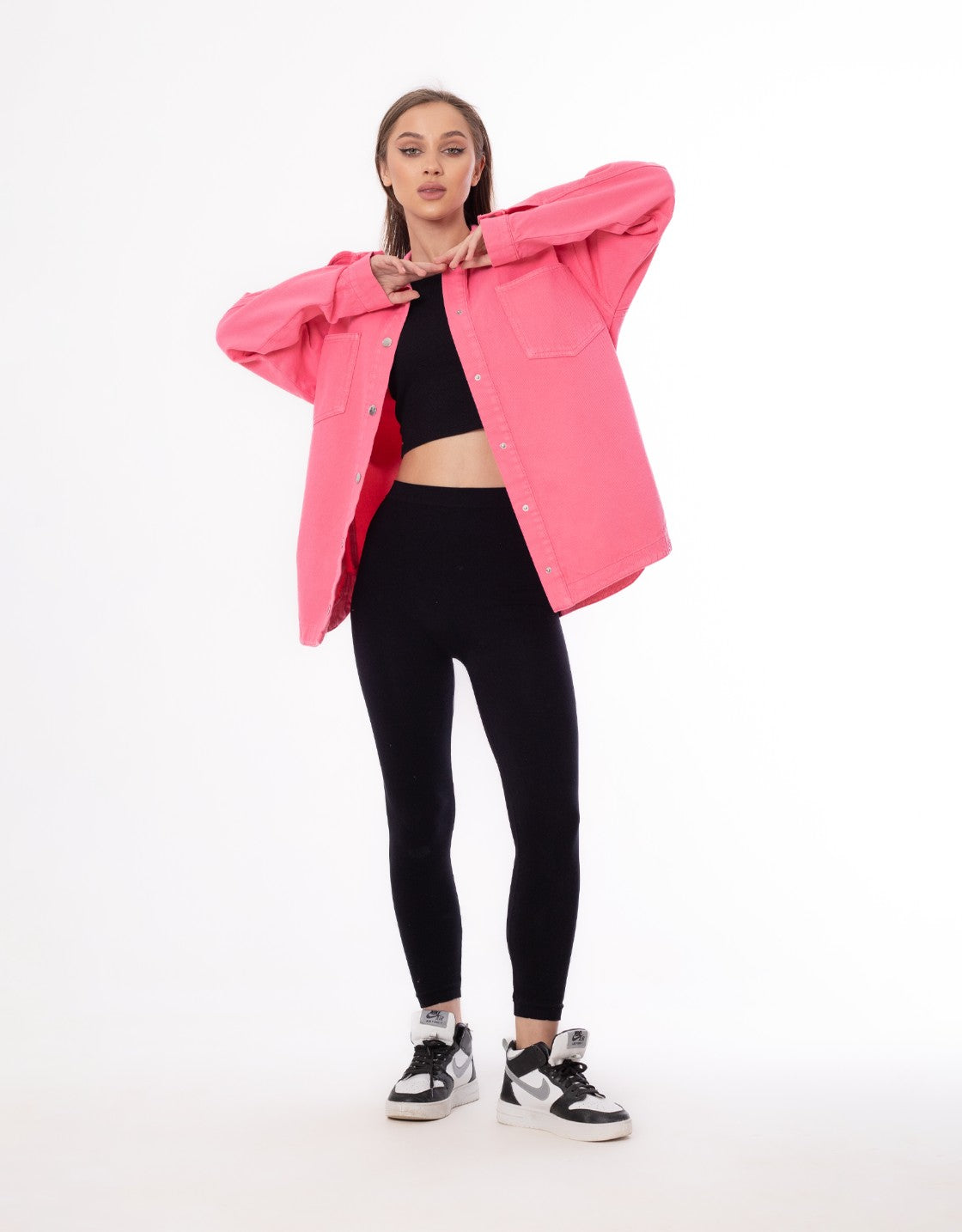 Gabardine Jacket With Pockets Front Buttons Pink Color OJ-512P