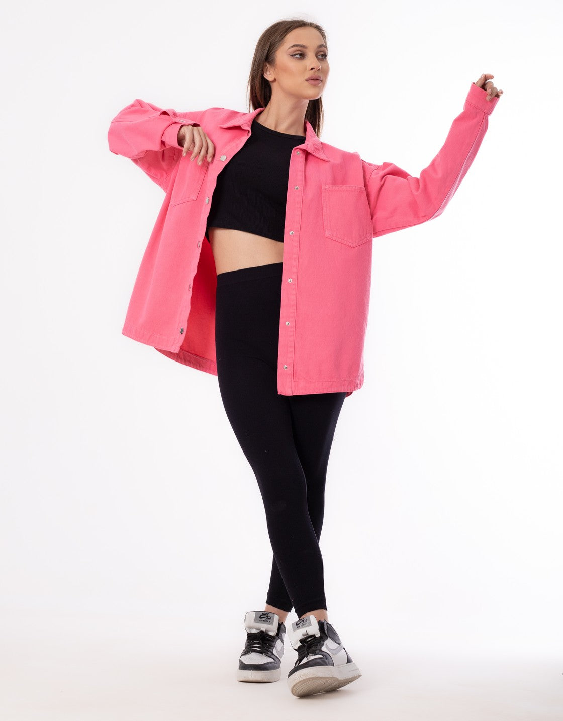 Gabardine Jacket With Pockets Front Buttons Pink Color OJ-512P