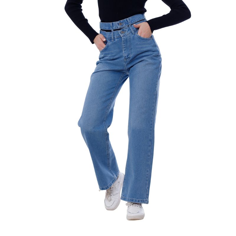 Stright Jeans Pants Double Belt Medium Blue OB-609B