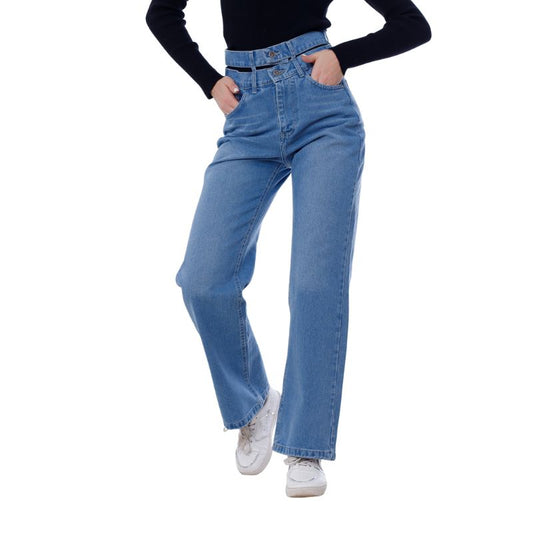 Stright Jeans Pants Double Belt Medium Blue OB-609B
