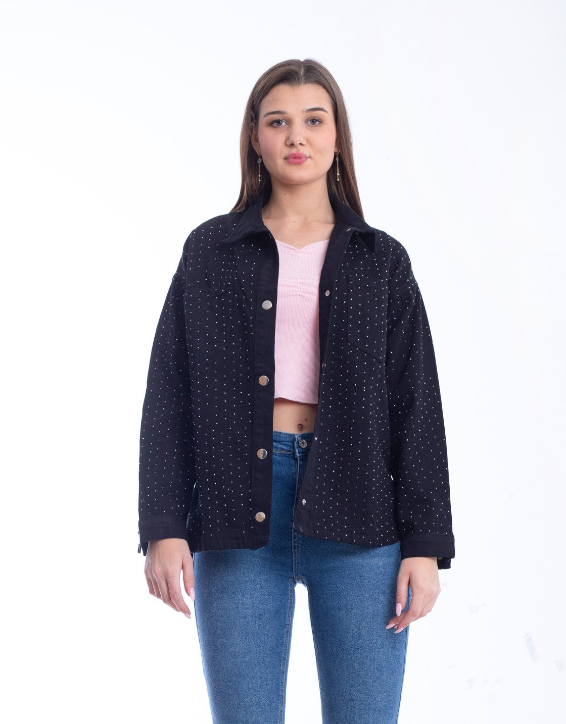 Gabardine Jacket With Strass Black Color OJS-512B