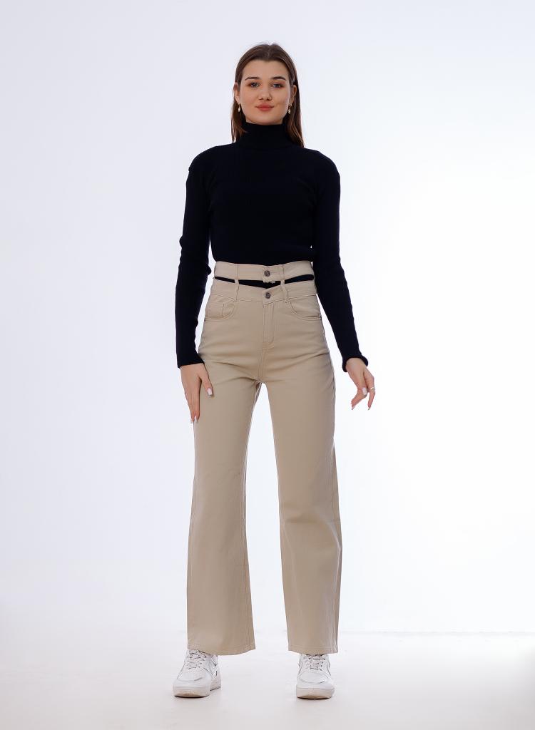 Stright Gabardine Pants Double Belts Beige OB-613BG