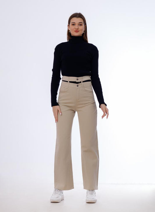 Stright Gabardine Pants Double Belts Beige OB-613BG