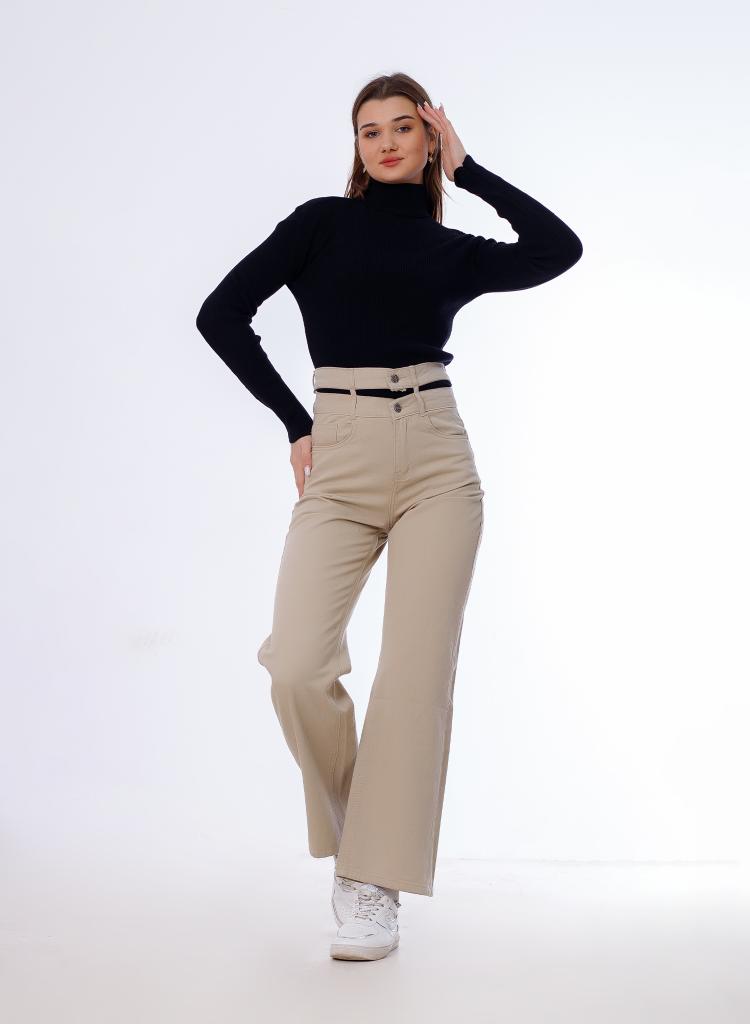 Stright Gabardine Pants Double Belts Beige OB-613BG