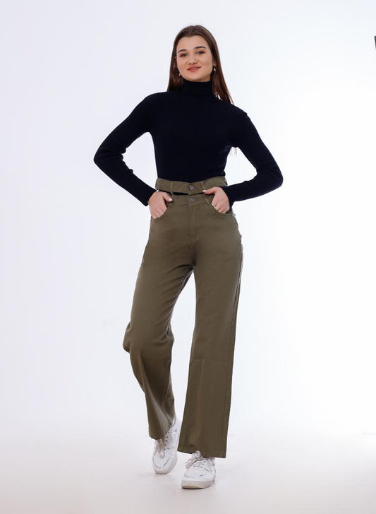 Stright Gabardine Pants Double Belts Oil Green OB-613Z