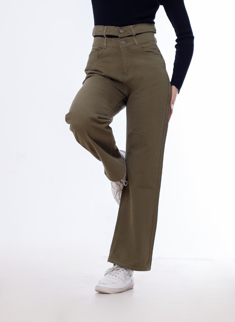 Stright Gabardine Pants Double Belts Oil Green OB-613Z