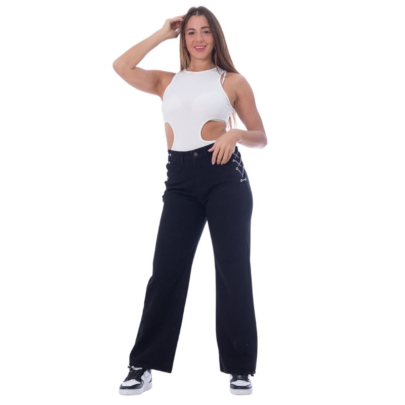 High Waist Eyelet Chain Detail Jeans Black OB-616BL