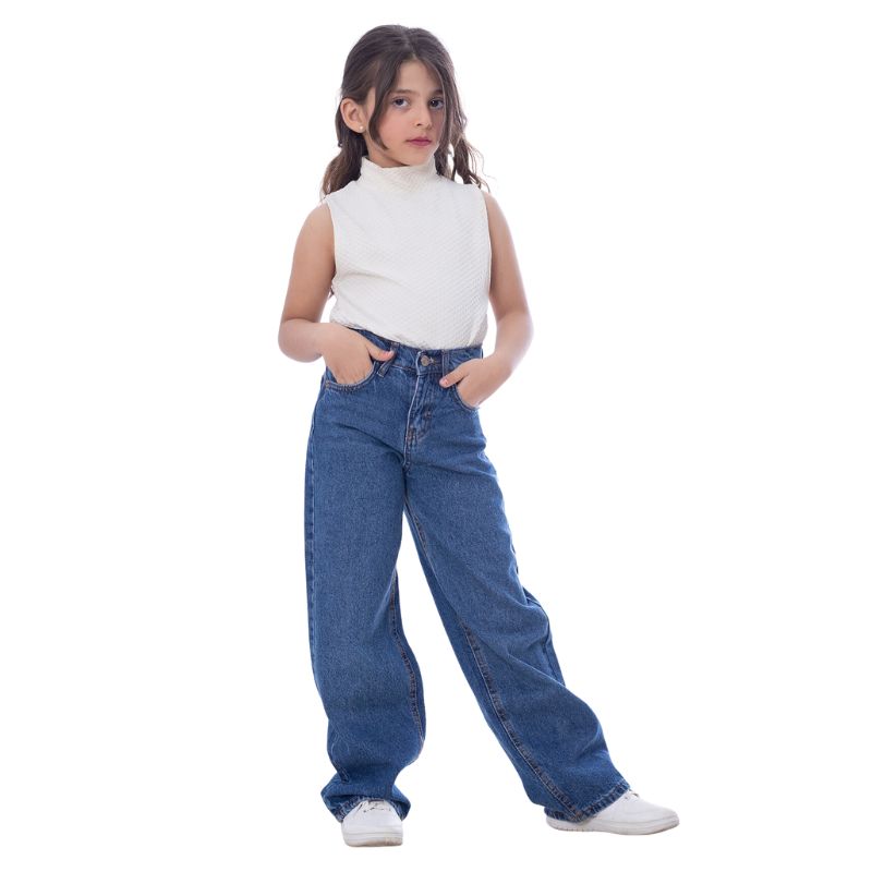High Waist Straight Dark Blue Jeans Pants Teenager OB-397A