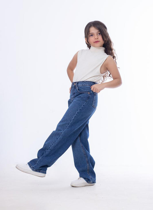 High Waist Straight Dark Blue Jeans Pants Teenager OB-397A