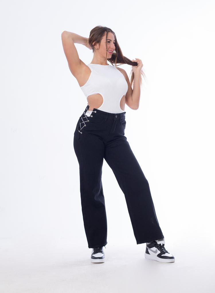 High Waist Eyelet Chain Detail Jeans Black OB-616BL