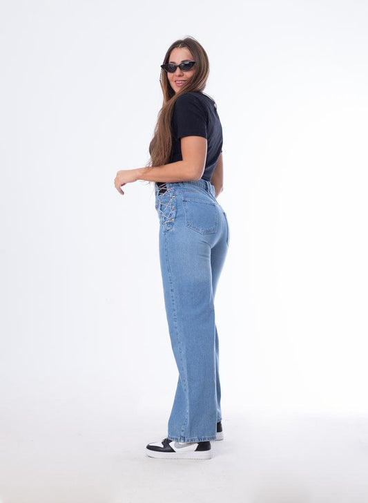 High Waist Eyelet Chain Detail Jeans Dark Blue OB-616B
