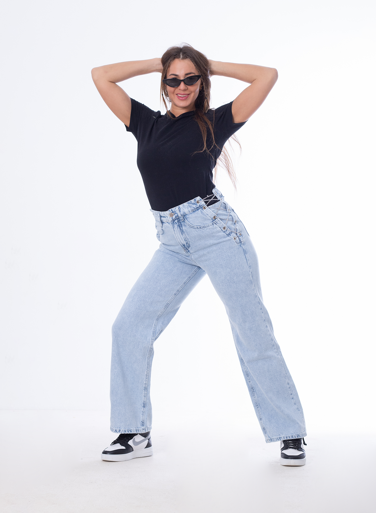 High Waist Eyelet Chain Detail Jeans Ice Blue OB-616i