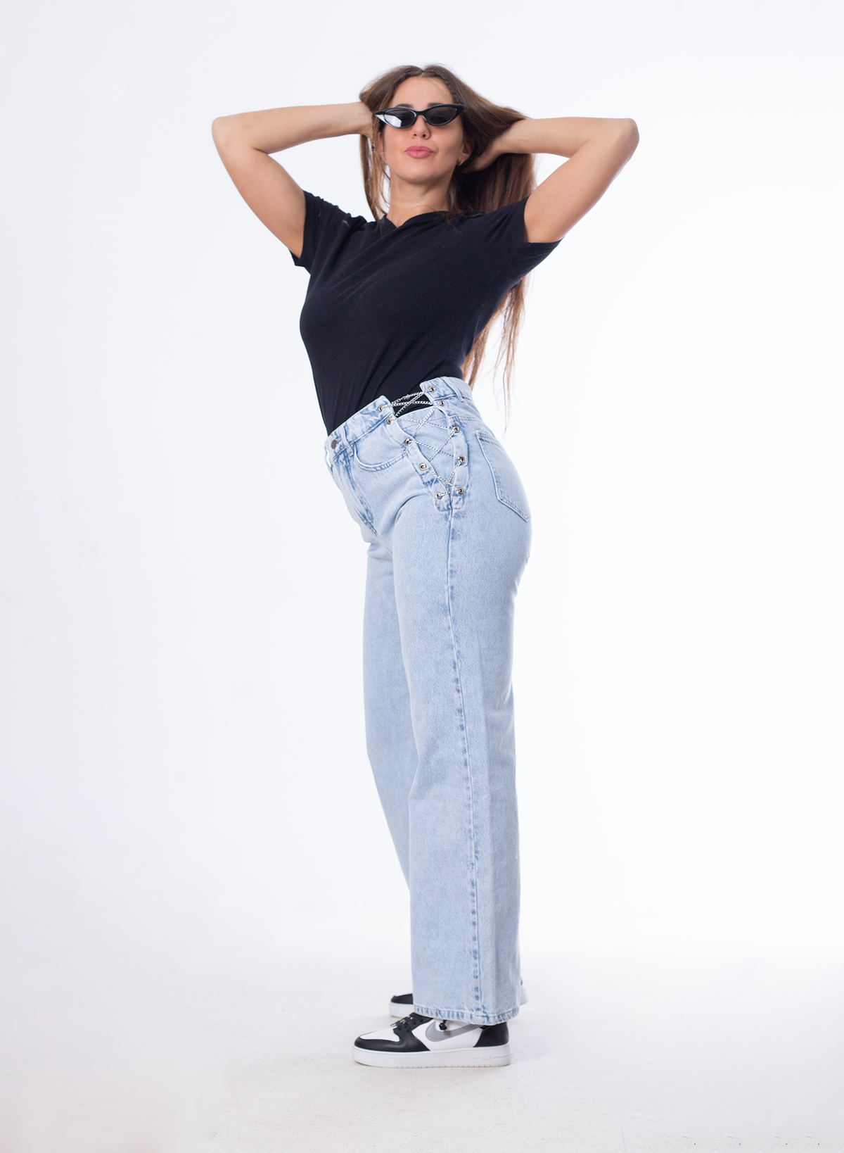 High Waist Eyelet Chain Detail Jeans Ice Blue OB-616i