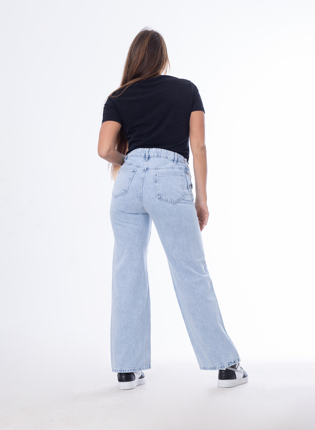 High Waist Eyelet Chain Detail Jeans Ice Blue OB-616i