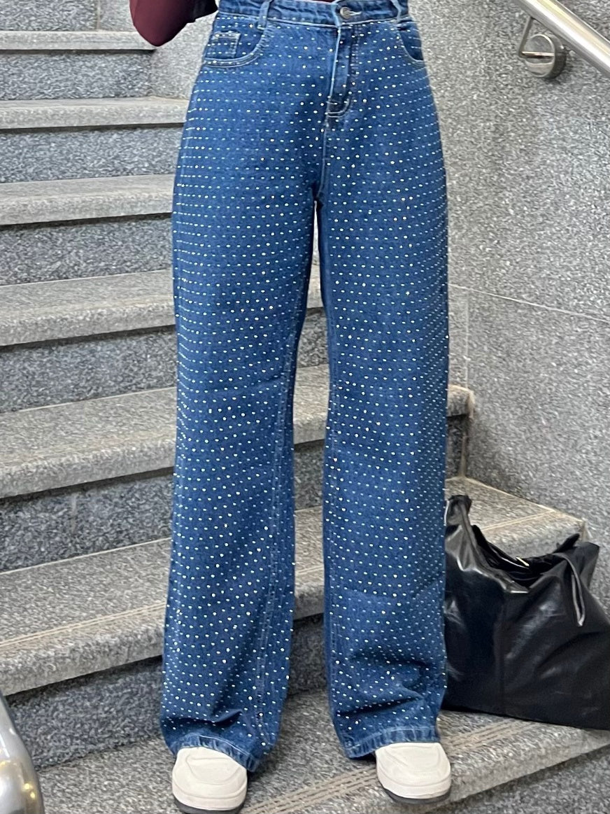 Strass Studded Jeans Pants Dark Blue OBS-350A