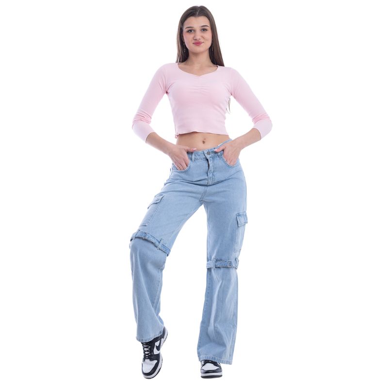 High Waist Flap Cargo Belt Light Blue Jeans Pants OB-620C