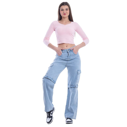 High Waist Flap Cargo Belt Light Blue Jeans Pants OB-620C